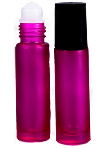 Pink Frosted Glass 10ml Roll-on Vial with Black Cap and Stainless Steel Ball